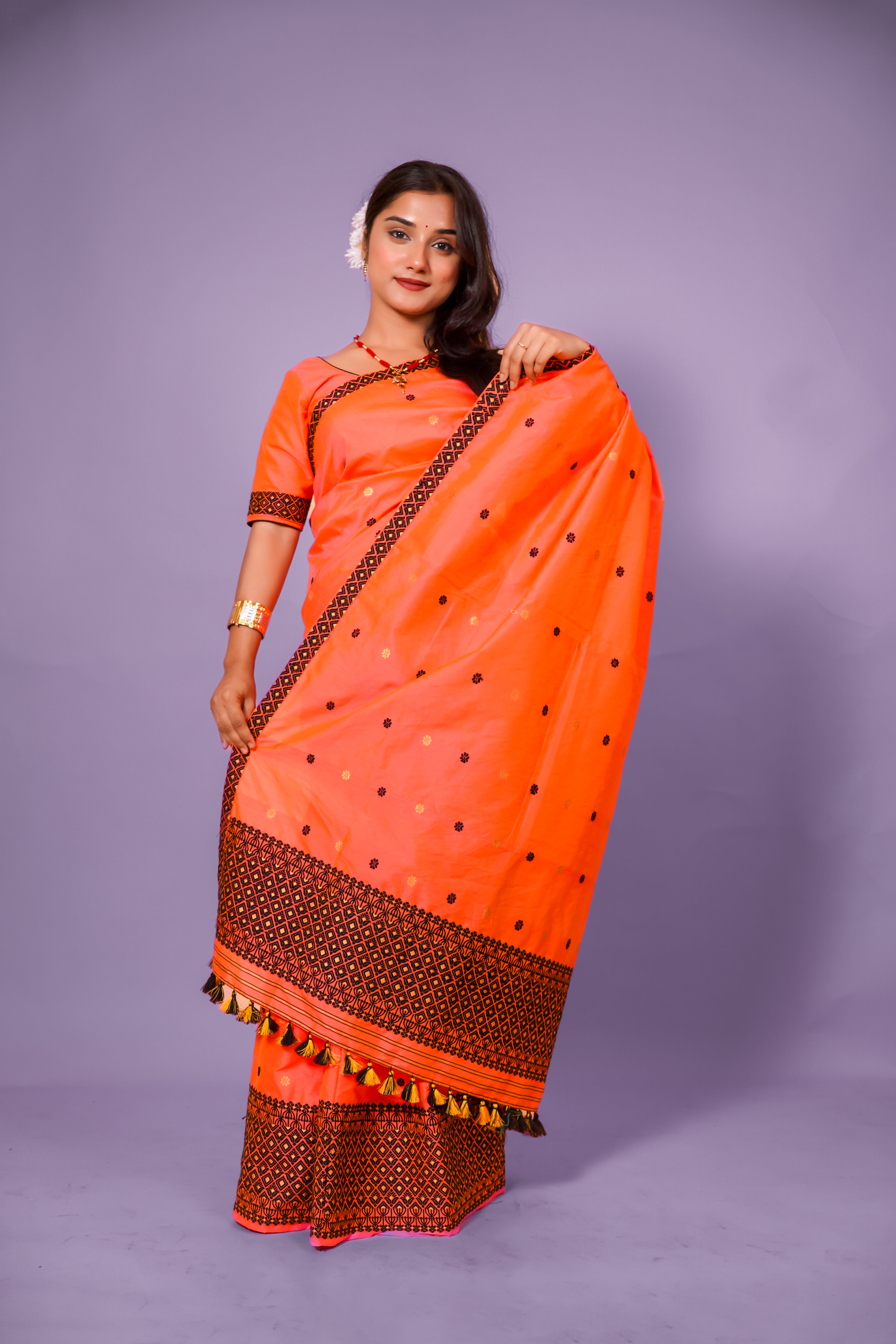 Assam Handloom Mekhela Chador - Bright Orange Mixed Pat Silk Saree
